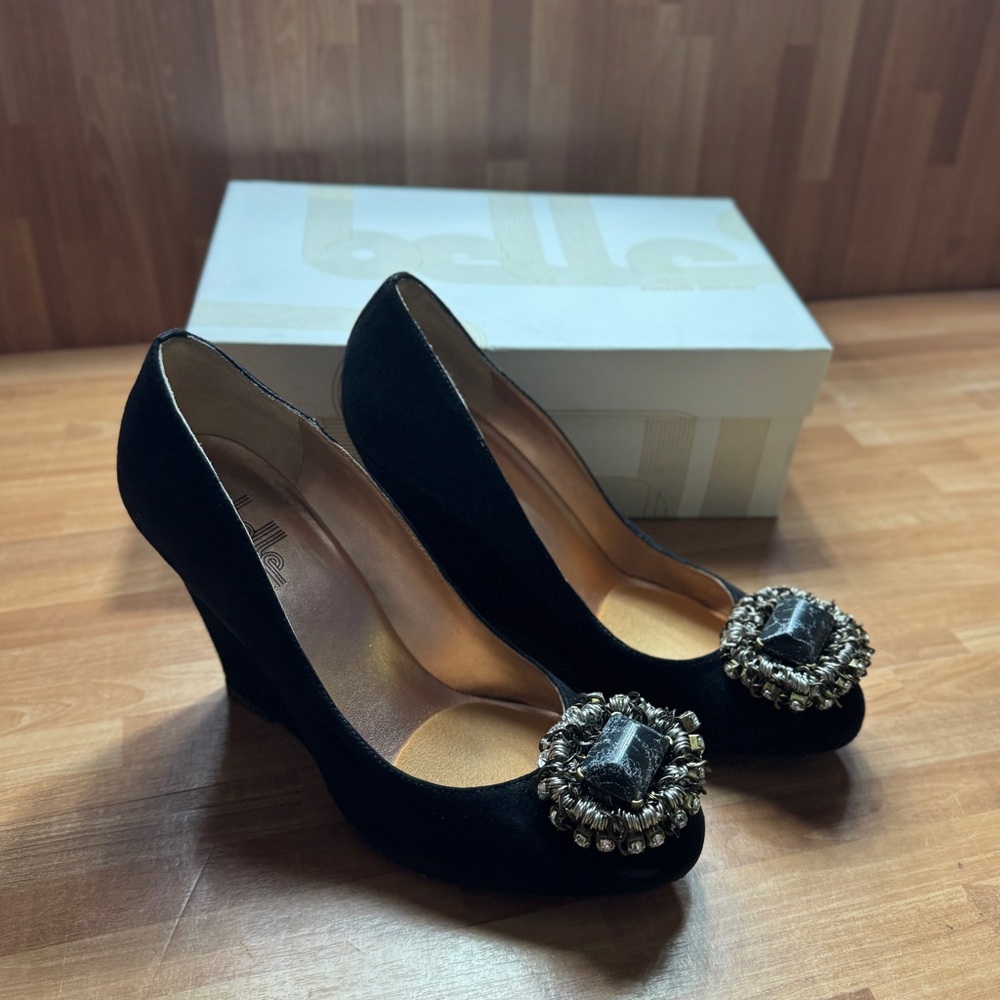 Sigerson Morrison belle black Apache rhinestone wedges size 8.5 velvet